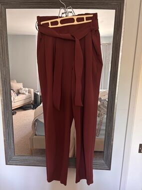 Athleta Burgundy High-Waist Tie-Belt Wide-Leg Trousers